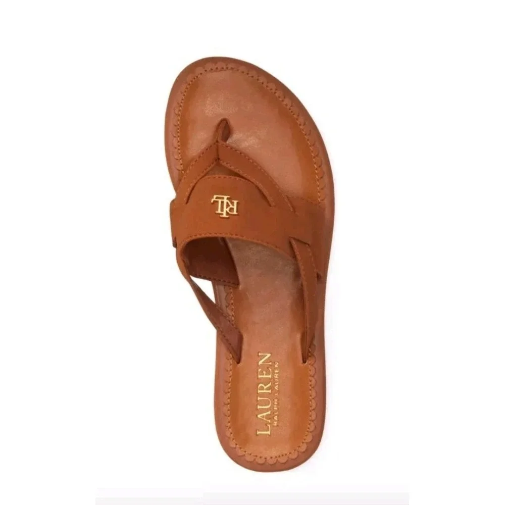 RALPH LAUREN Womens Size 9 Flat Sandal Roselind Tan Leather Shoes Gold Logo NEW